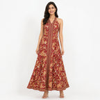 Women's Maroon Floral Printed Calf Length Dress-2