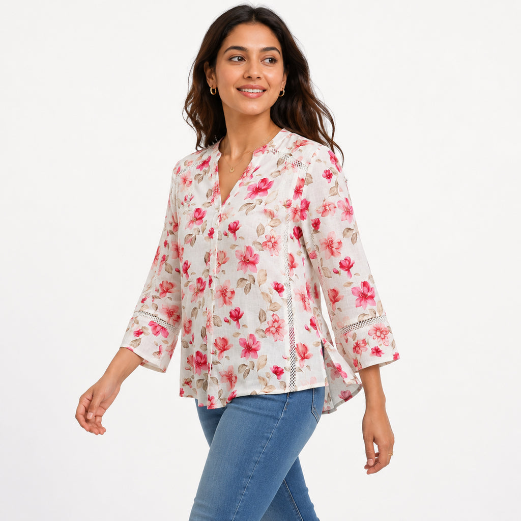 Women's Cream Floral Print Casual Top-4