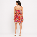 Women's Red Floral Print Layered Shoulder Tie Mini Dress-2