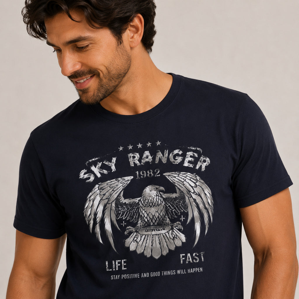 Men's Navy Blue Eagle Graphic Print Crew Neck T-Shirt-2