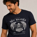 Men's Navy Blue Eagle Graphic Print Crew Neck T-Shirt-2