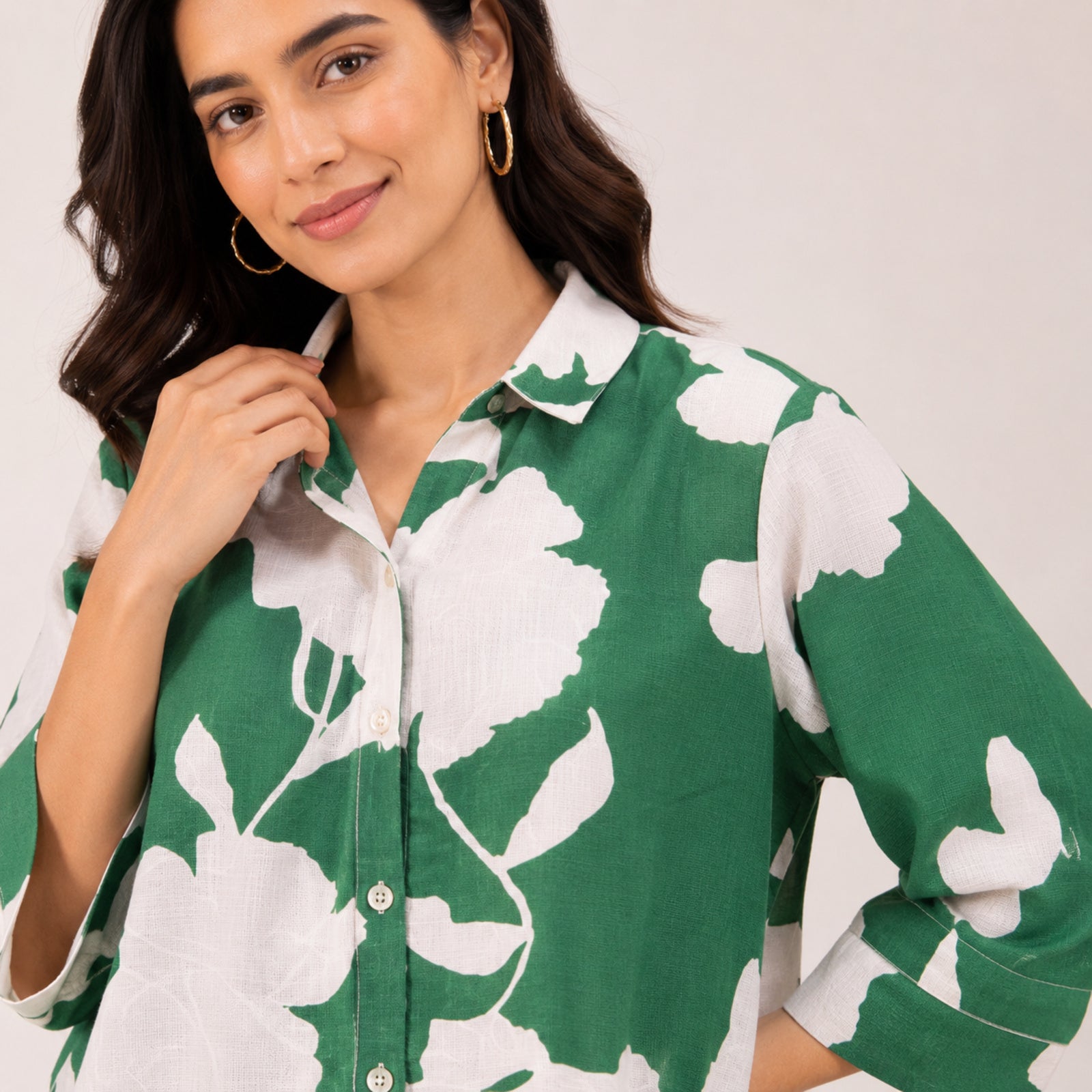 Women's Vibrant Green Bold Floral Print Button-Down Top-3