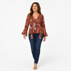 Women's Red Paisley Wrap Front Ruffle Top with Flared Sleeves-2
