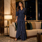 Women's Glamorous Sequined Navy Blue Mermaid Evening Gown-3