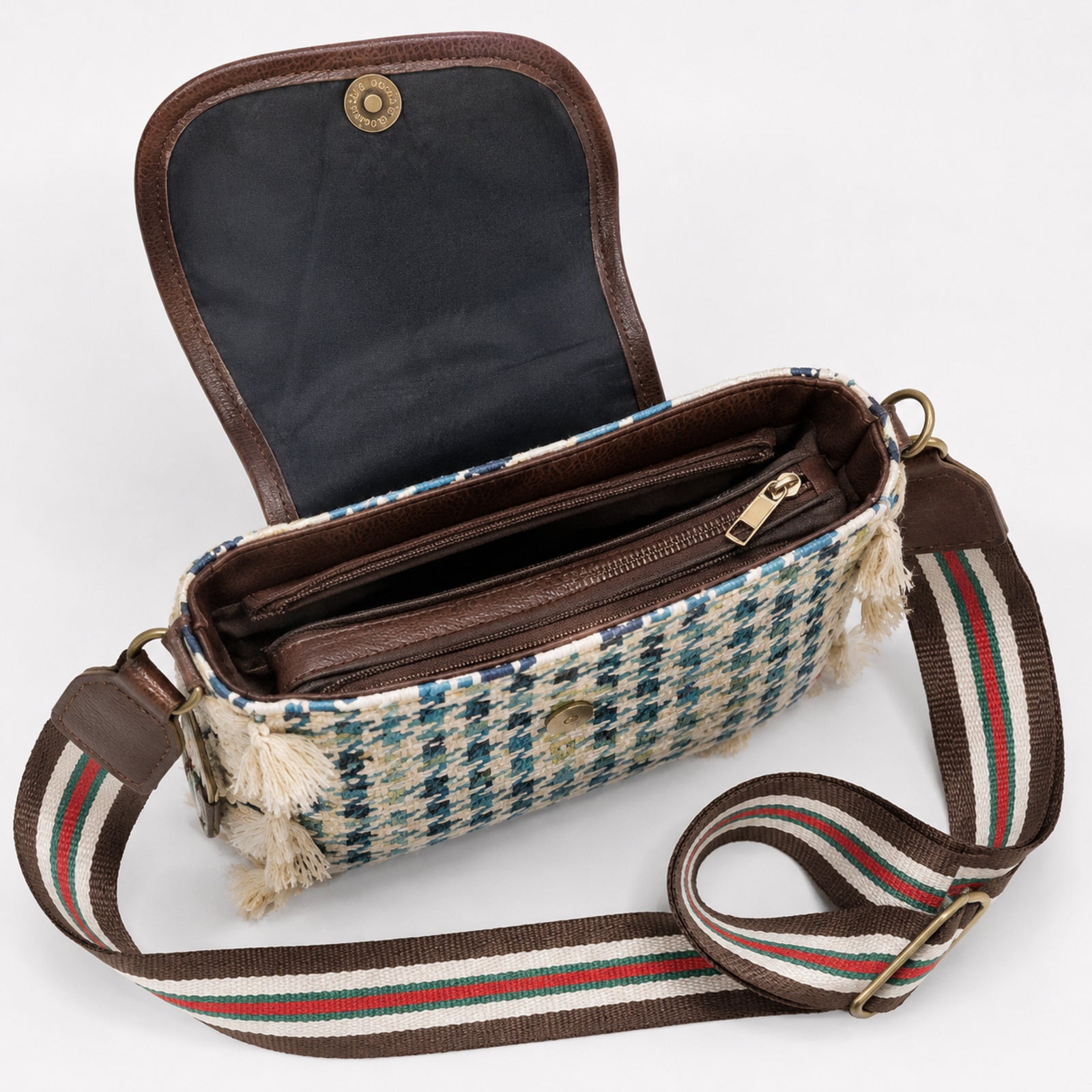 Women's Blue Houndstooth Print Fringe Crossbody Sling Bag with Adjustable Strap-3