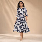 Women's Elegant Floral Print A-Line Midi Dress with Belt-1