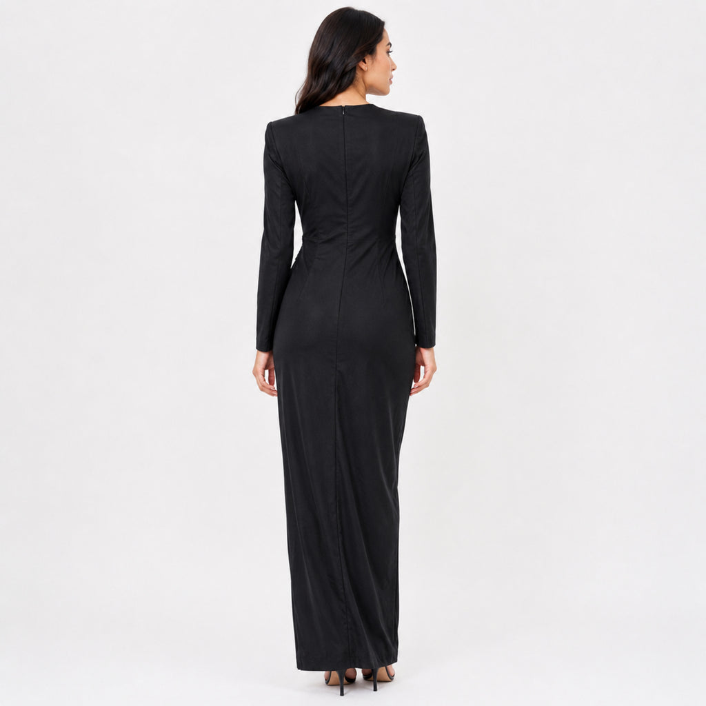 Women's Black Embellished Waist Gathered Maxi Dress-4