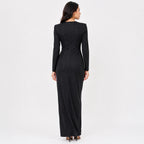 Women's Black Embellished Waist Gathered Maxi Dress-4