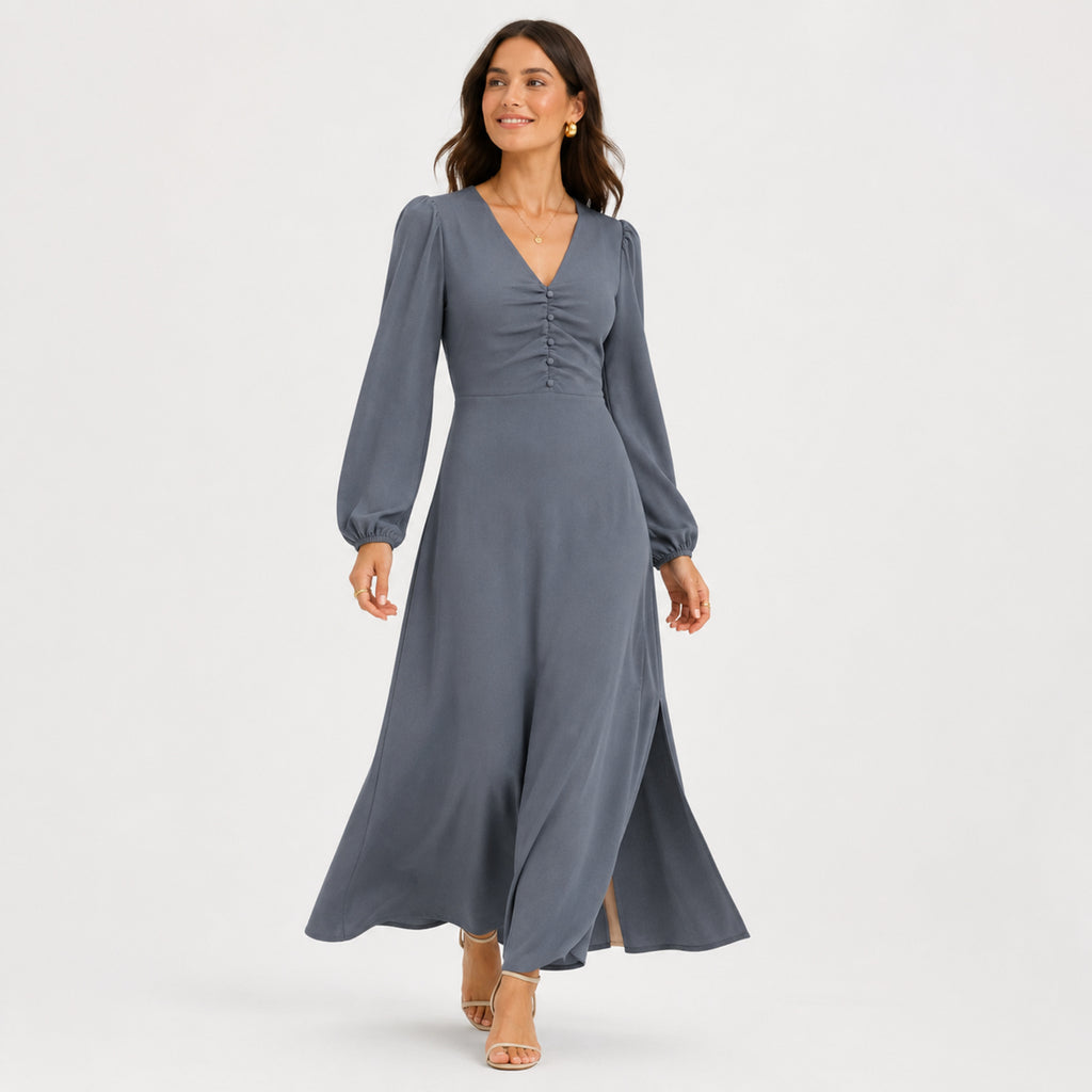 Women's Grey V-Neck Button Detail Long Sleeve Flared Maxi Dress | Elegant Occasion Wear Dress-1