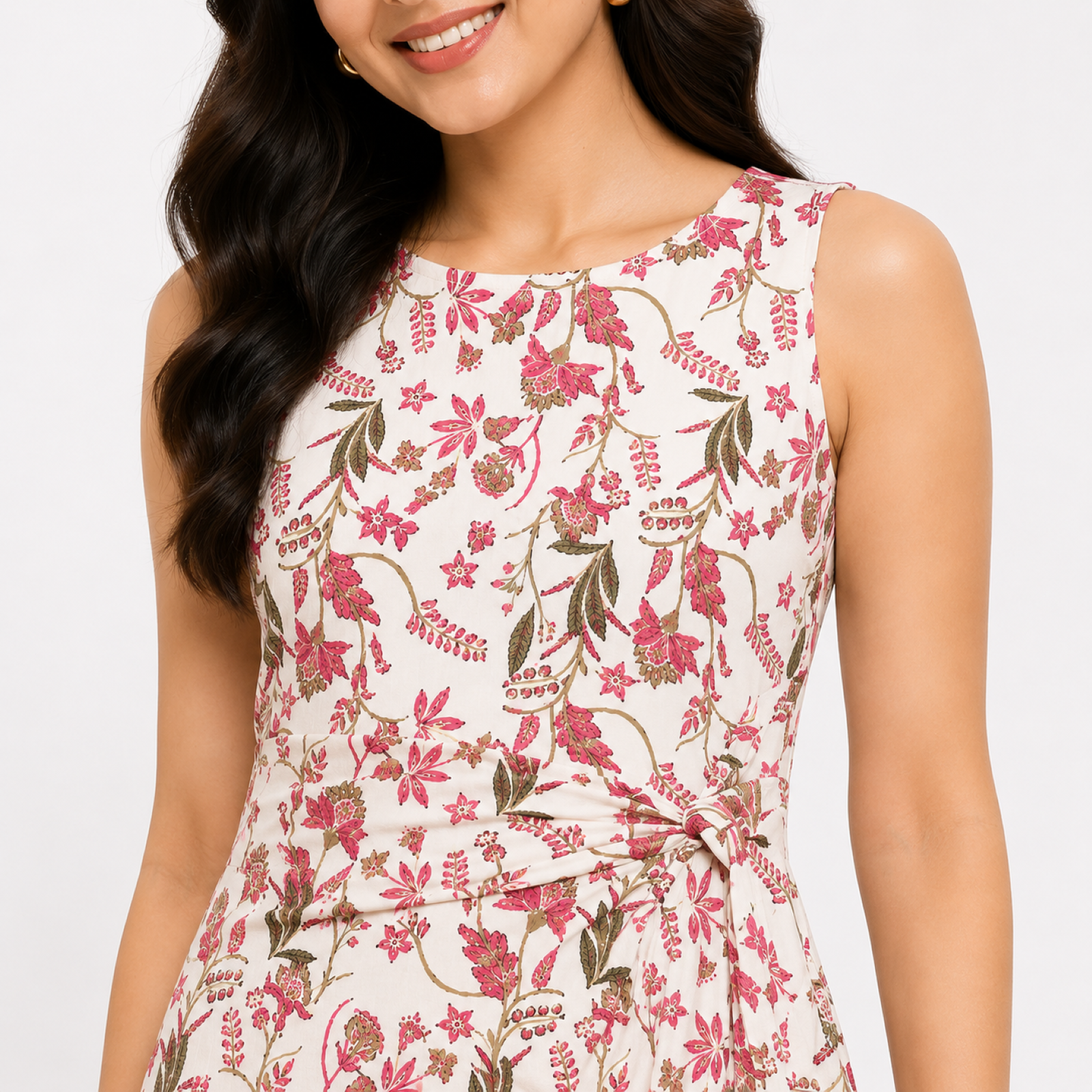 Women's Cream Floral Printed Sleeveless Round Neck Maxi Dress-1