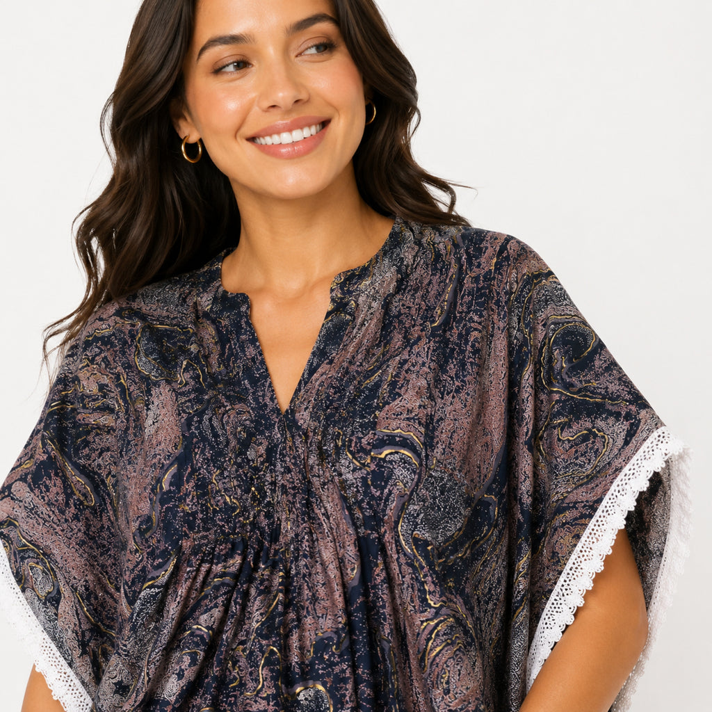 Women's Multicolor Abstract Printed Kaftan Top with Lace Border-3