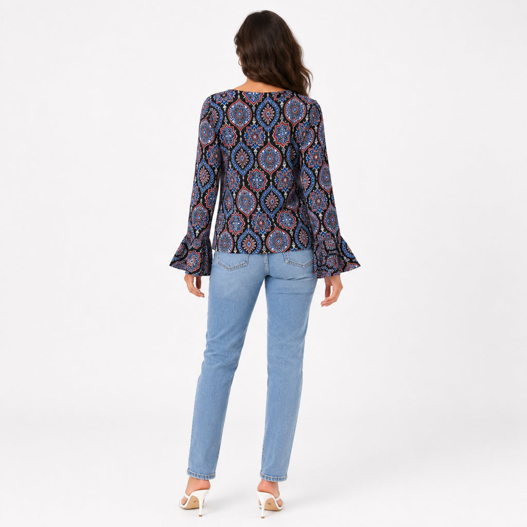 Women's Black Ethnic Motif Print Tie-Neck Bell Sleeve Top | Boho Casual Blouse-4