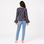 Women's Black Ethnic Motif Print Tie-Neck Bell Sleeve Top | Boho Casual Blouse-4