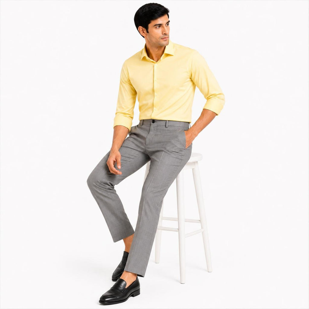Men's Light Grey Checked Slim Fit Formal Trousers | Tailored Office Wear Pants-2