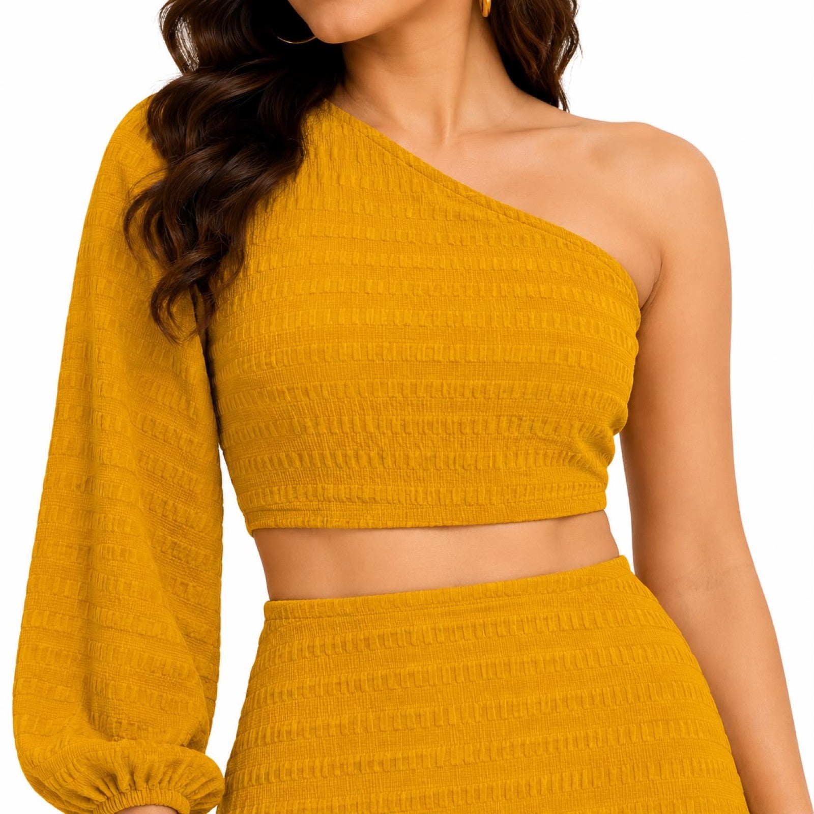 Women's Yellow One Shoulder Long Sleeve Co-Ord Set-3