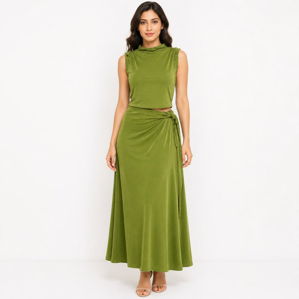Women's Green Sleeveless Crop Top & Maxi Skirt Co-Ord Set-1