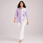 Women's Avant-Garde Lavender Lilac Watercolor Floral Print Asymmetric Tunic Shirt-3