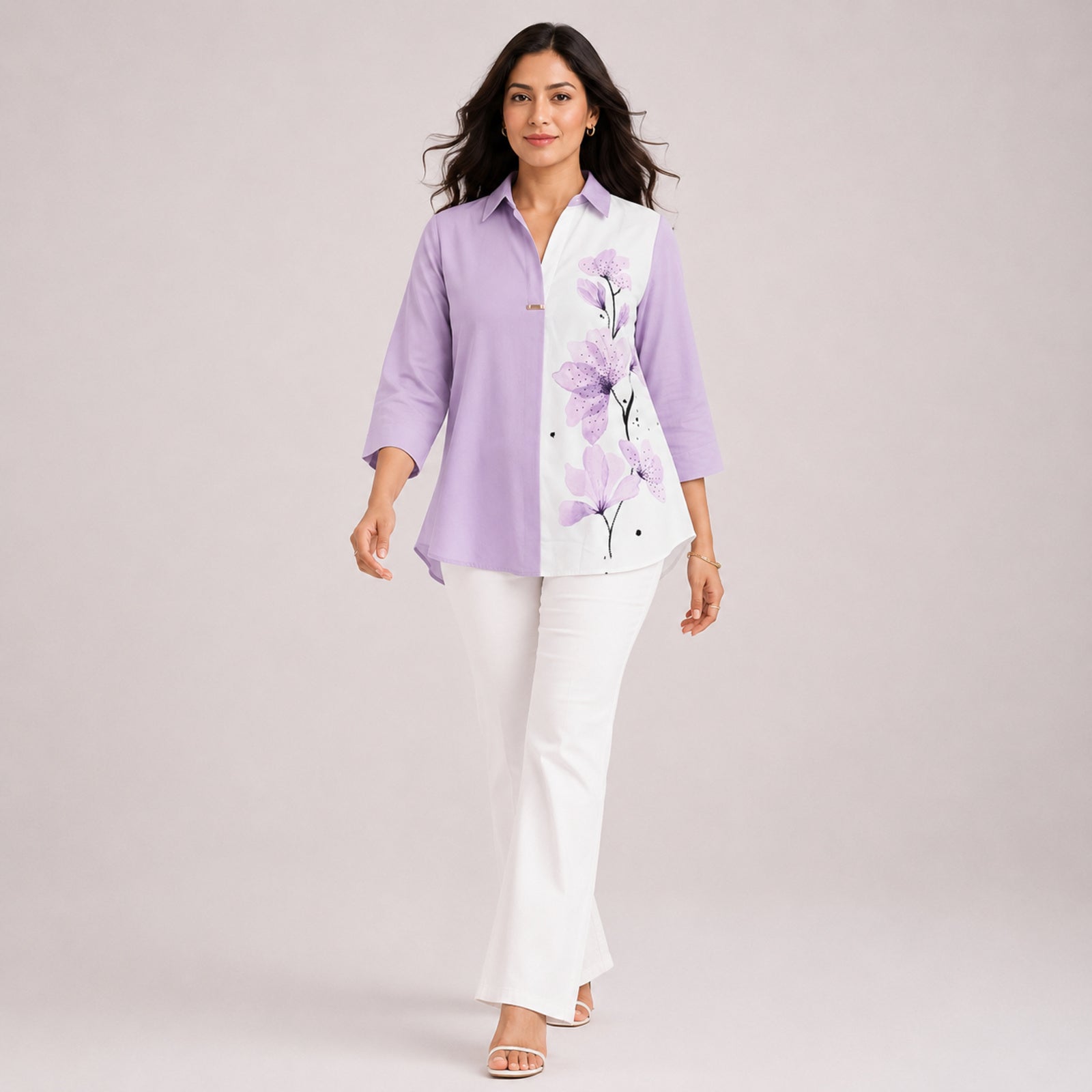 Women's Avant-Garde Lavender Lilac Watercolor Floral Print Asymmetric Tunic Shirt-3