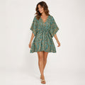 Women's Green Paisley Drawstring Kaftan Mini Dress | Boho Resort Wear Dress-1