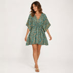 Women's Green Paisley Drawstring Kaftan Mini Dress | Boho Resort Wear Dress-1