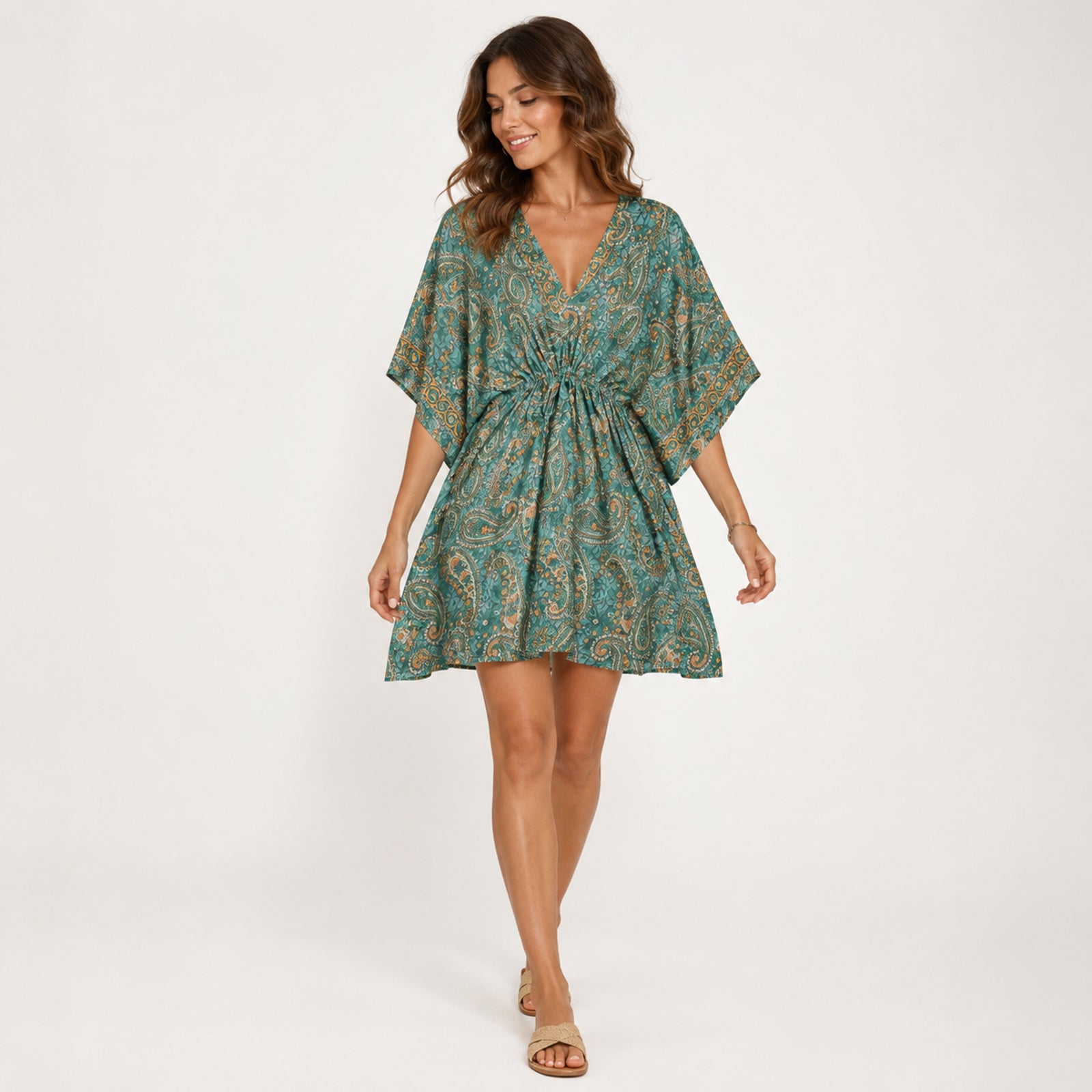 Women's Green Paisley Drawstring Kaftan Mini Dress | Boho Resort Wear Dress-1