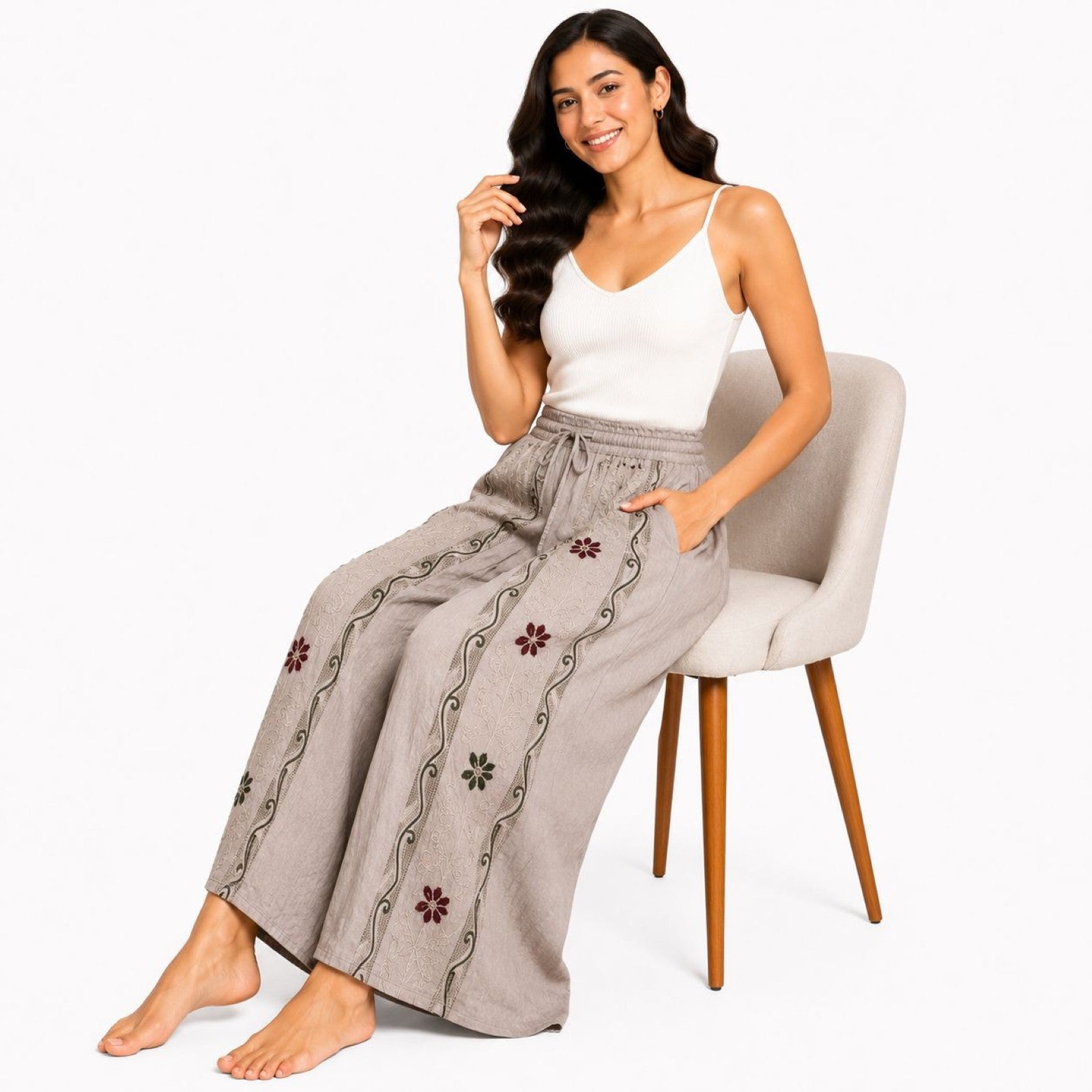Women's Beige Embroidered Wide Leg Palazzo Pants with Drawstring Waist-3
