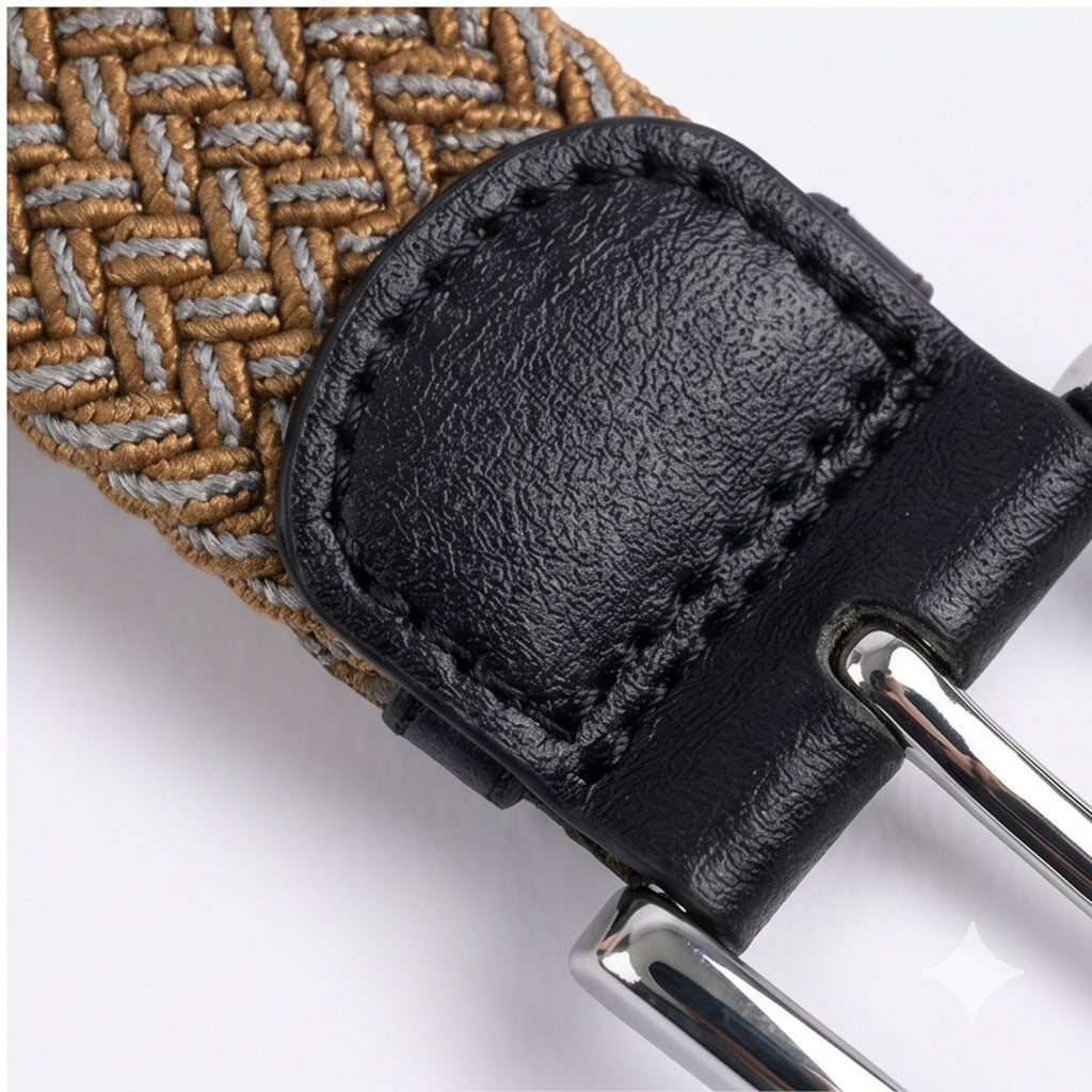 Unisex Luxury Braided Elastic Mustard Belt with Polished Silver Buckle and Black Leather Accents-4