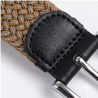 Unisex Luxury Braided Elastic Mustard Belt with Polished Silver Buckle and Black Leather Accents-4