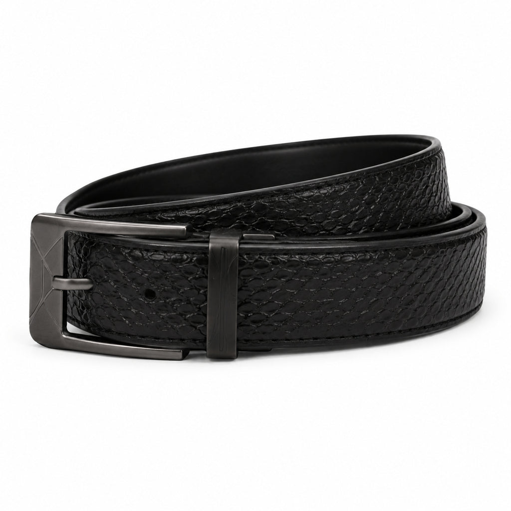Men's Black Croc-Textured Leather Belt with Gunmetal Buckle-1