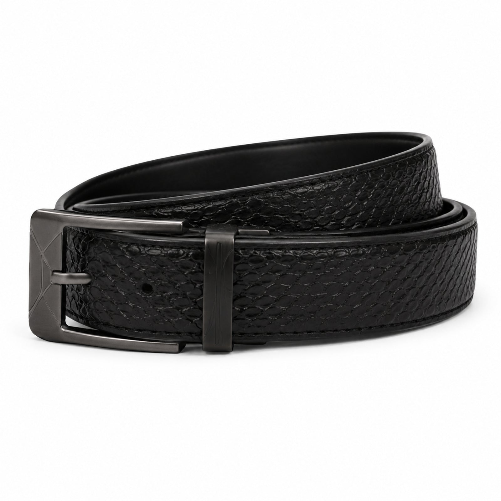 Men's Black Croc-Textured Leather Belt with Gunmetal Buckle-1