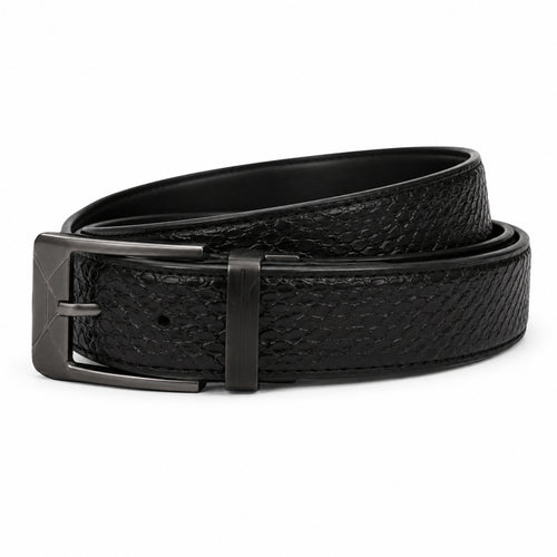 Men's Black Croc-Textured Leather Belt with Gunmetal Buckle-1