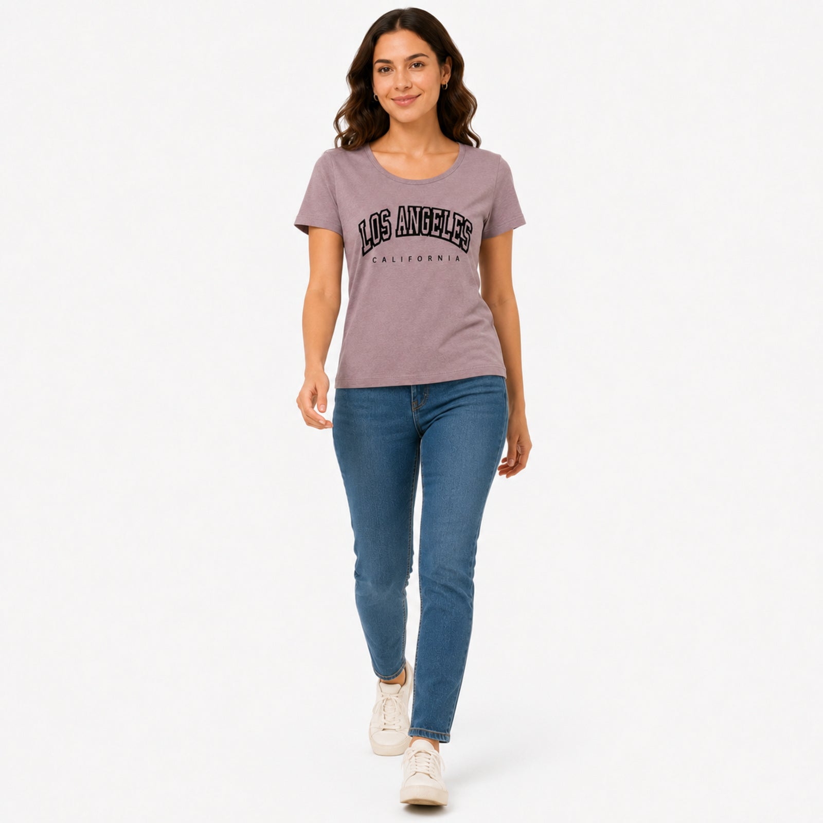 Women's Light Brown Los Angeles Typography Crew Neck T-Shirt | Regular Fit Half Sleeve Graphic Tee-1