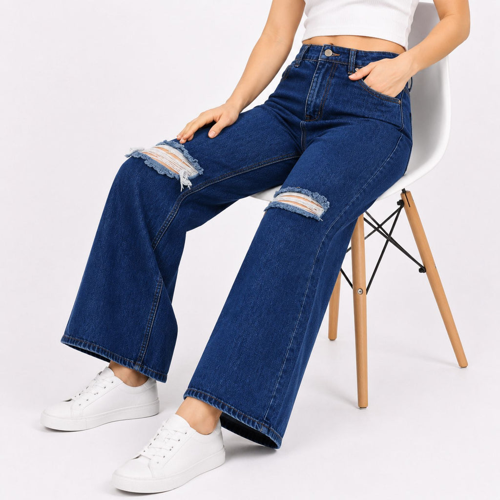 Women's Sleek High-Waist Wide-Leg Distressed Dark Blue Denim Jeans-3