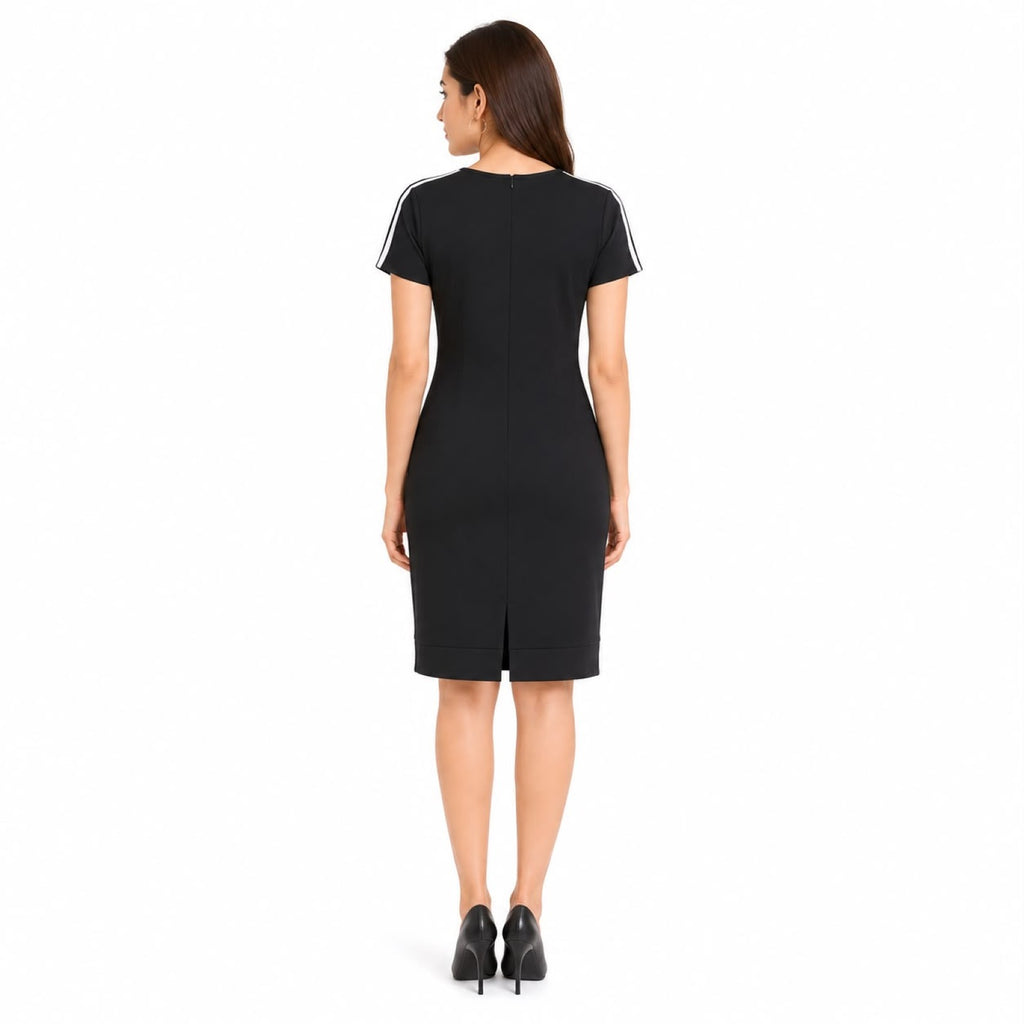 Women's Black Solid Shift Dress with Contrast Side Stripe Detail-4