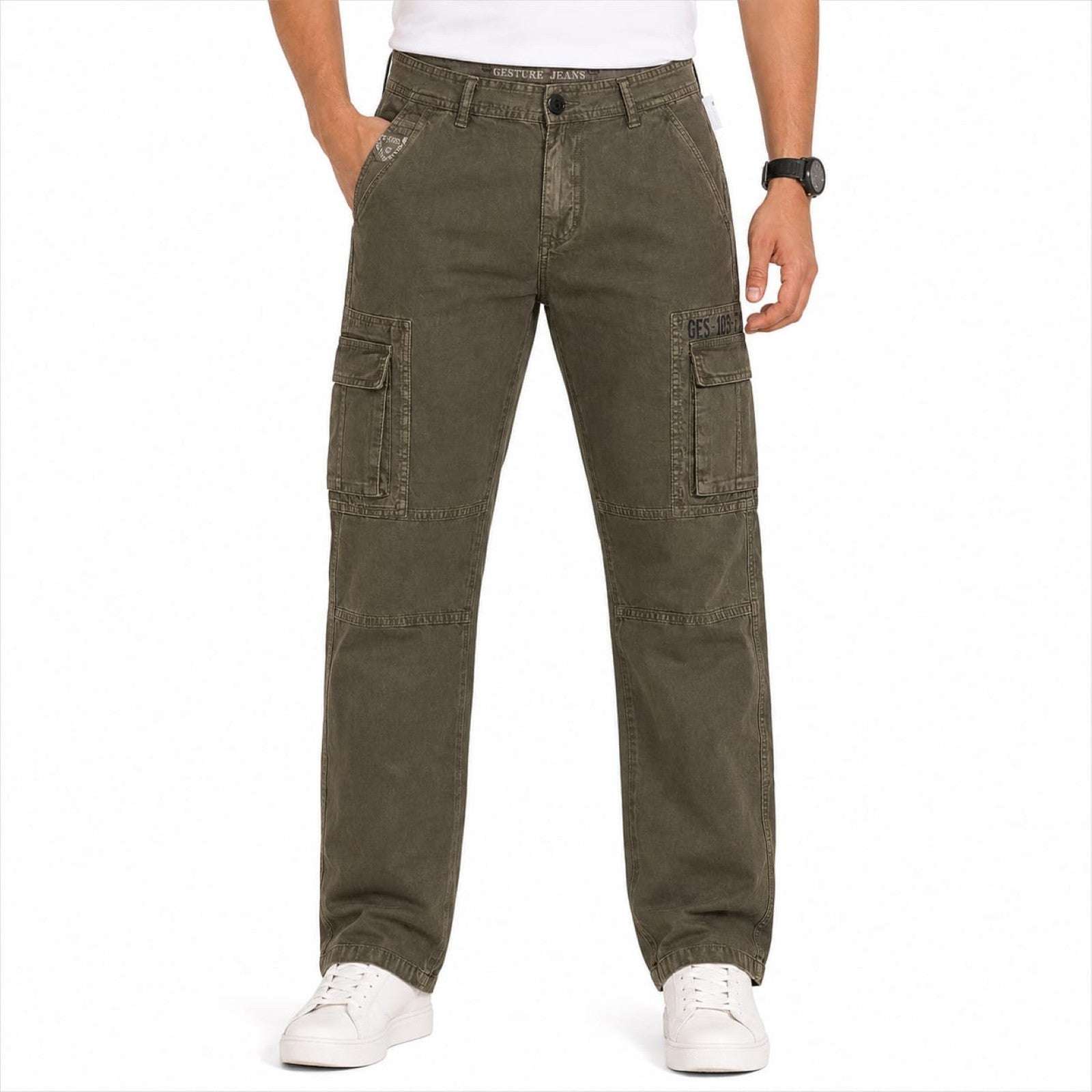 Men's Green Washed Cargo Jeans with Utility Pocket Detail-1
