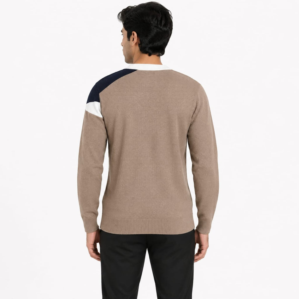 Men's Brown Abstract Colorblock Crew Neck Knit Sweater-4