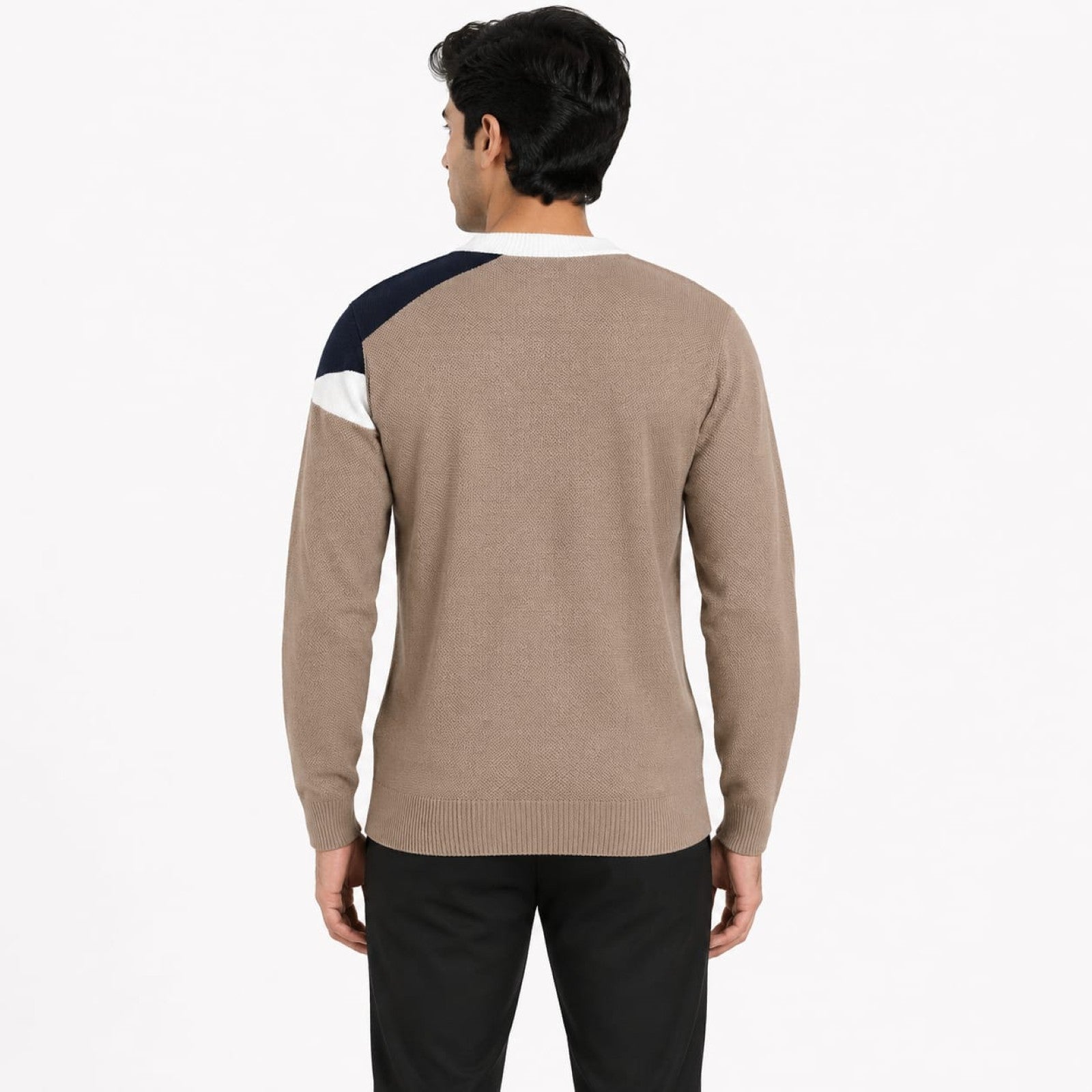 Men's Brown Abstract Colorblock Crew Neck Knit Sweater-4
