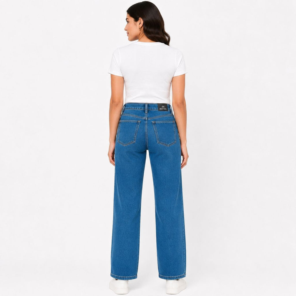 Women's Blue High-Rise Wide Leg Jeans | Straight Fit Full-Length Denim Pants-4