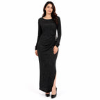 Women's Black Shimmer Ruched Side Button Detail Round Neck Maxi Dress-1