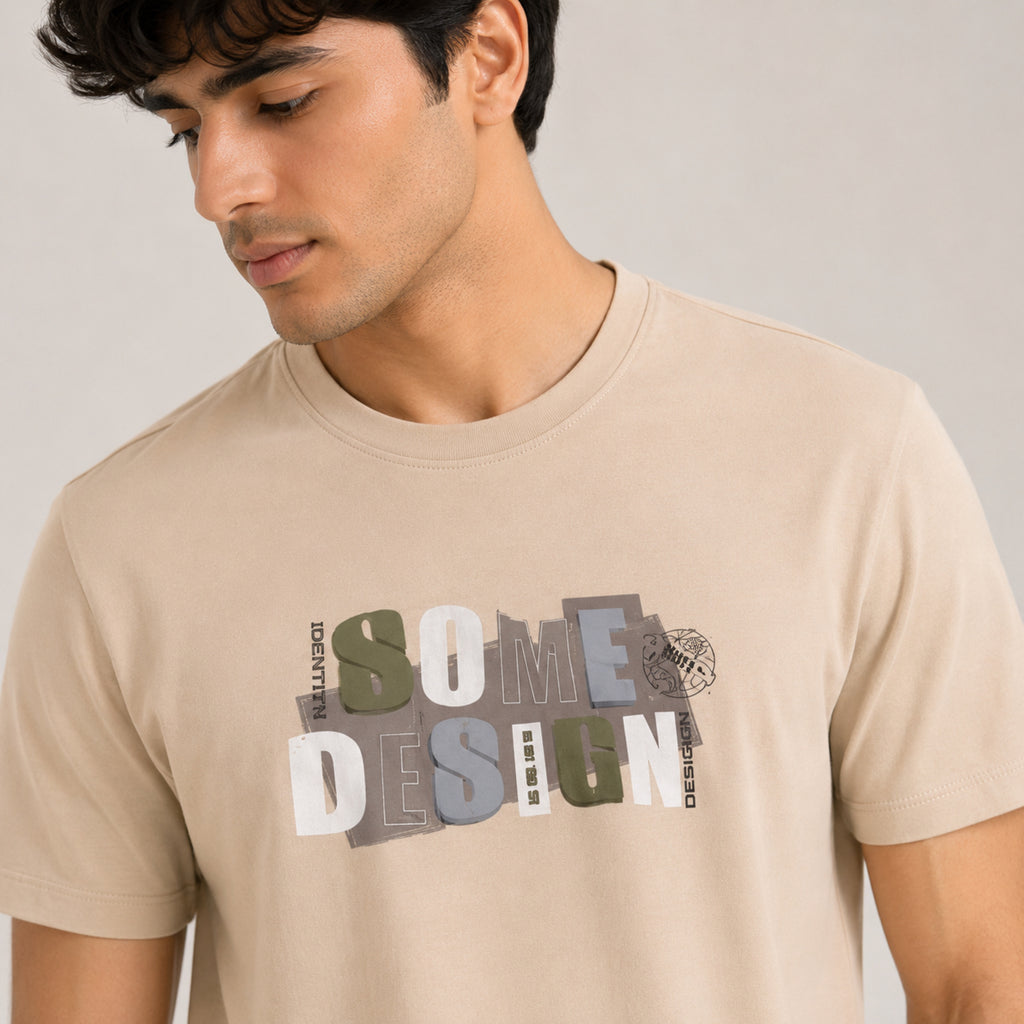 Men's Cream Graphic Printed Casual T-Shirt-1