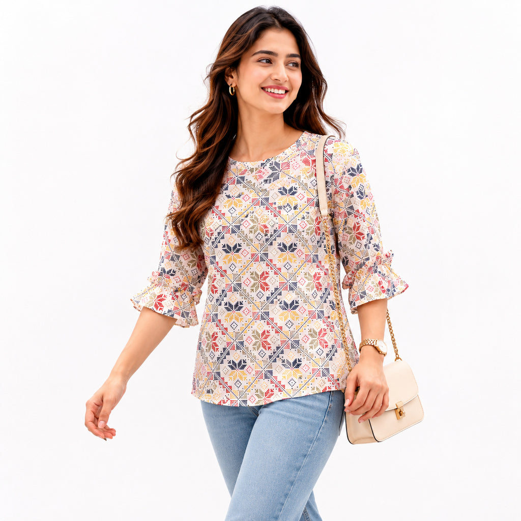 Women's Pastel Geometric Print Ruffle Sleeve Top-2