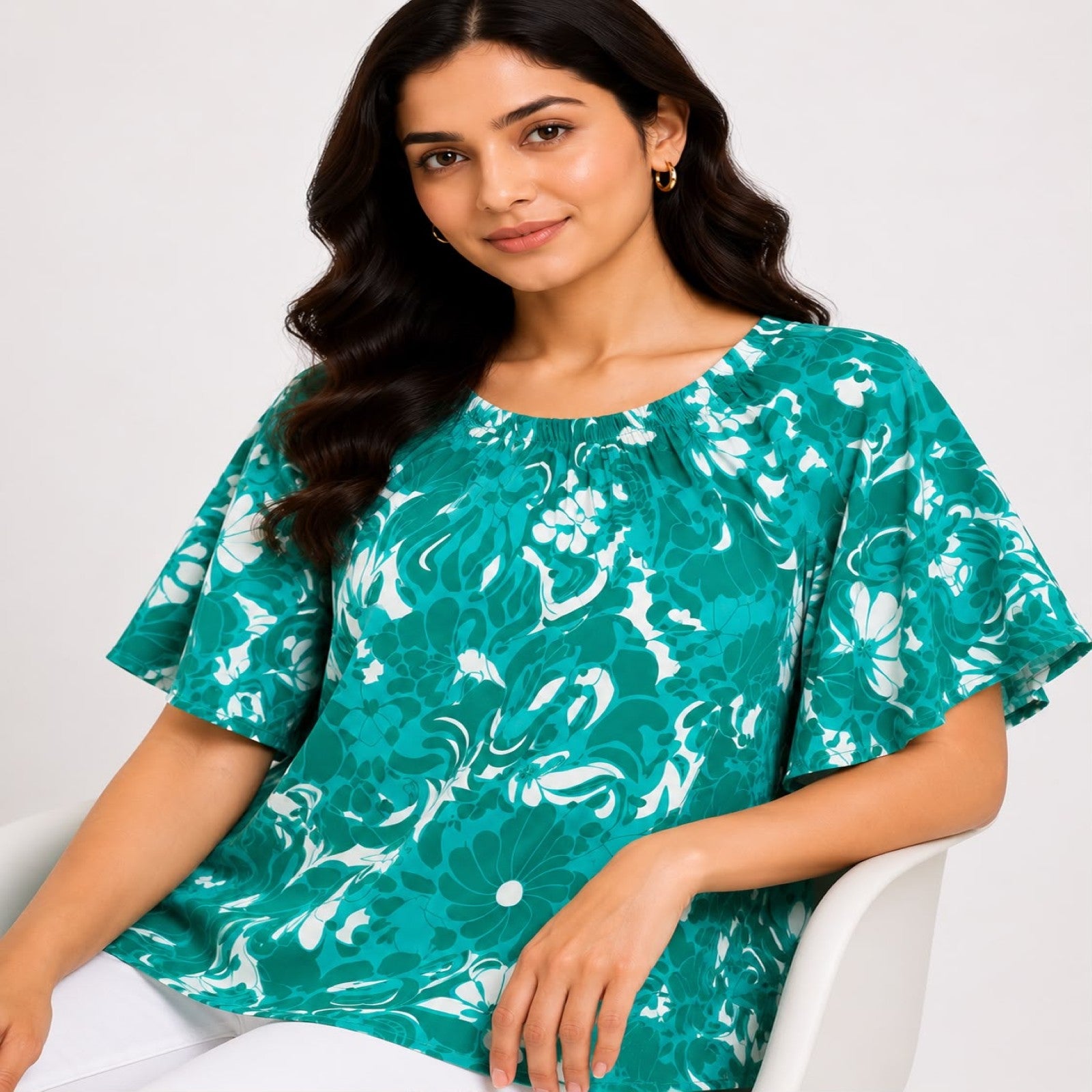 Women's Emerald Bloom Green Floral Flutter Sleeve Top-3