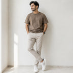 Men's Beige Slim Fit Casual Trousers-3