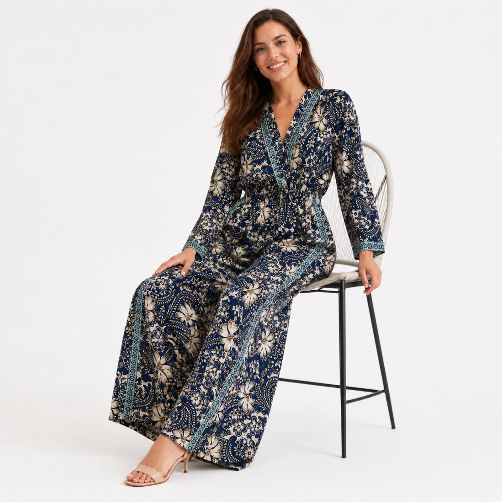 Women's Navy Blue Floral Border Print V-Neck Wide Leg Jumpsuit | Full Sleeve Resort Wear Jumpsuit-2