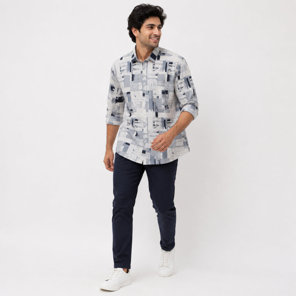 Men's Grey Abstract Geometric Printed Full Sleeve Casual Shirt-1