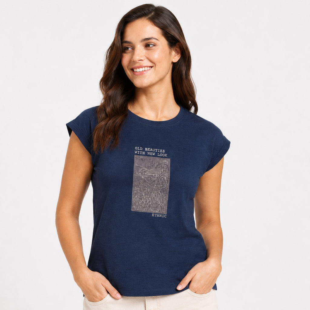 Women's Peacock Blue Graphic Print Cap Sleeve T-Shirt | Casual Cotton Everyday Top-3