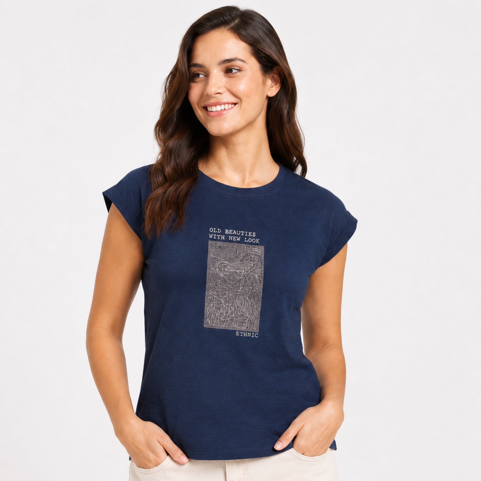 Women's Peacock Blue Graphic Print Cap Sleeve T-Shirt | Casual Cotton Everyday Top-3