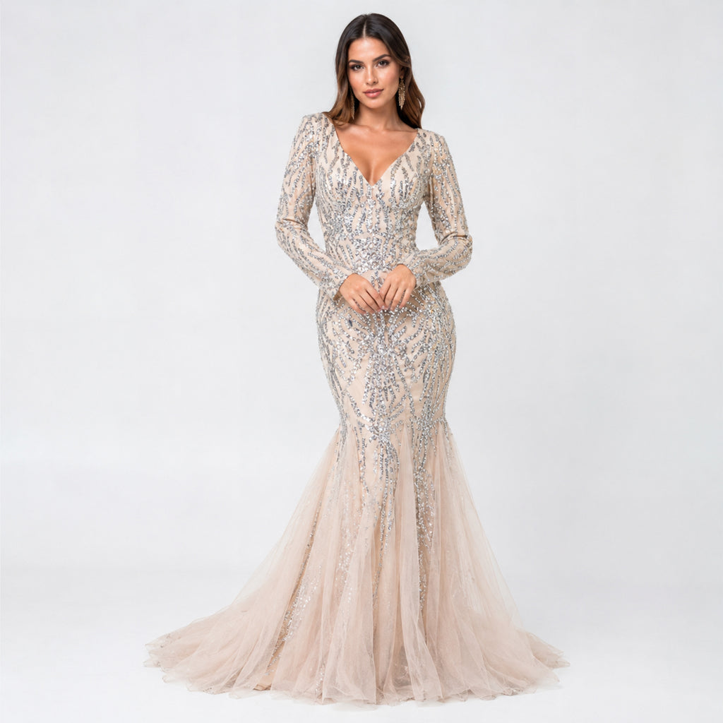 Women's Glamorous Sequined Cream Mesh Mermaid Evening Gown-3