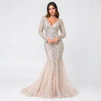 Women's Glamorous Sequined Cream Mesh Mermaid Evening Gown-3