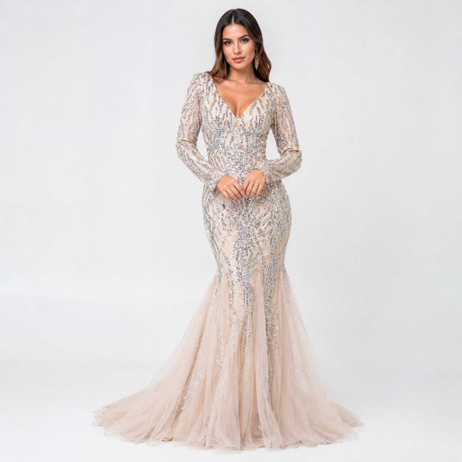 Women's Glamorous Sequined Cream Mesh Mermaid Evening Gown-3